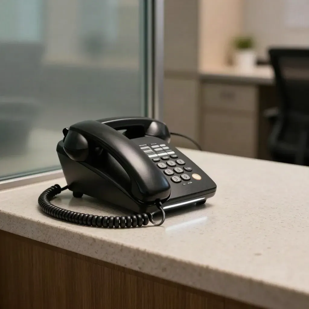 Black reception phone with lifted handset and lit indicator on a dim support counter.