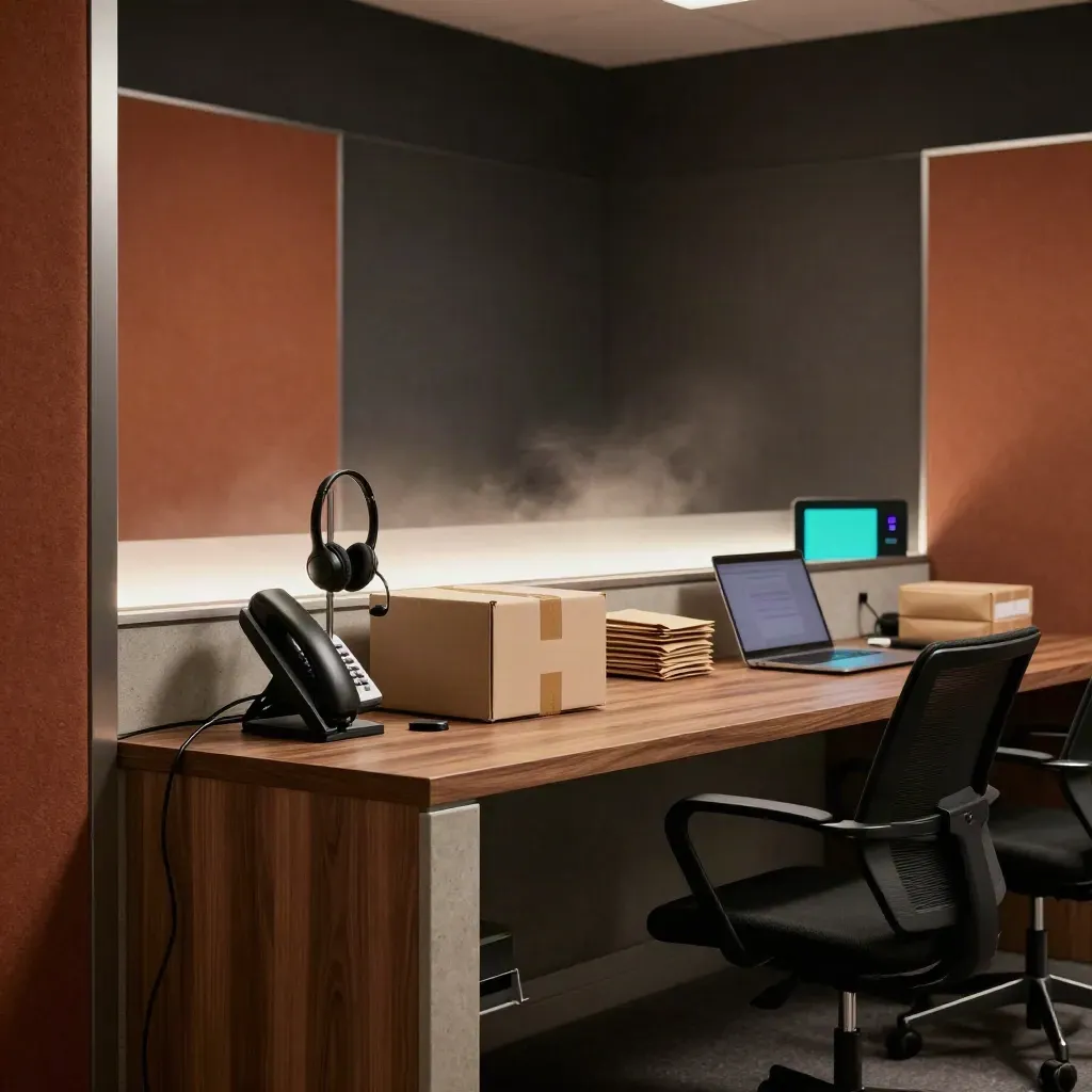 Late-night support pod with headset, phone, laptop, and shipping box in a calm operations room