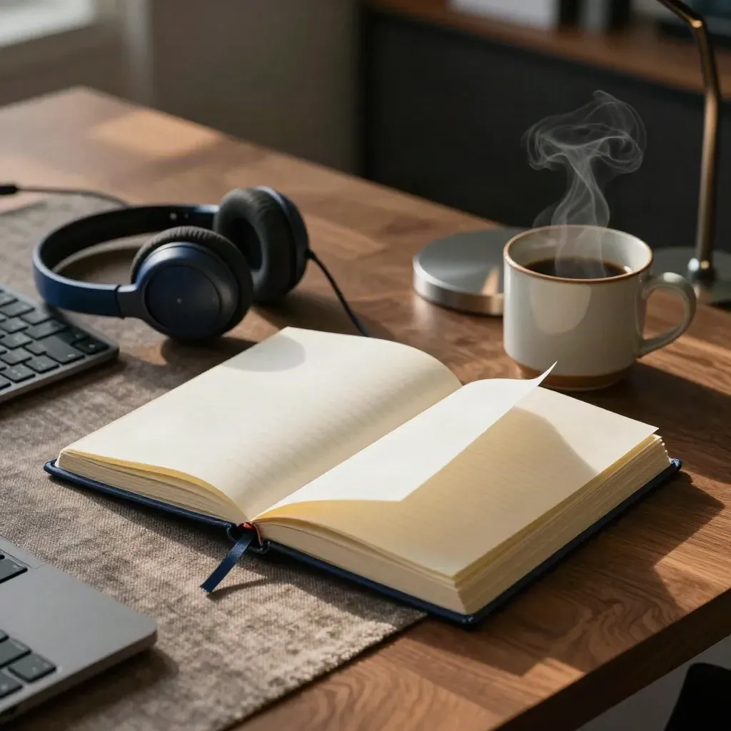 Open notebook, headset, keyboard, and steaming mug on a warm support desk under lamp glow.