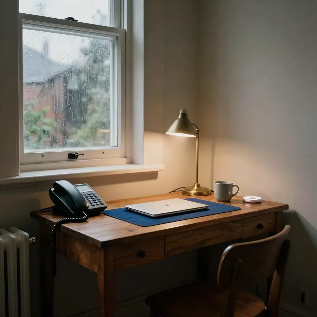 Weekend support desk with phone, headset, and closed laptop glowing under a lamp in rainlight.
