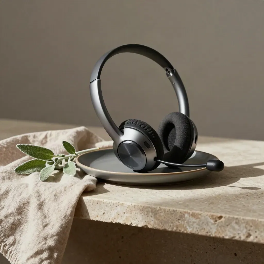 Wireless headset beside ceramic dish, linen cloth and trailing plant on a stone shelf.