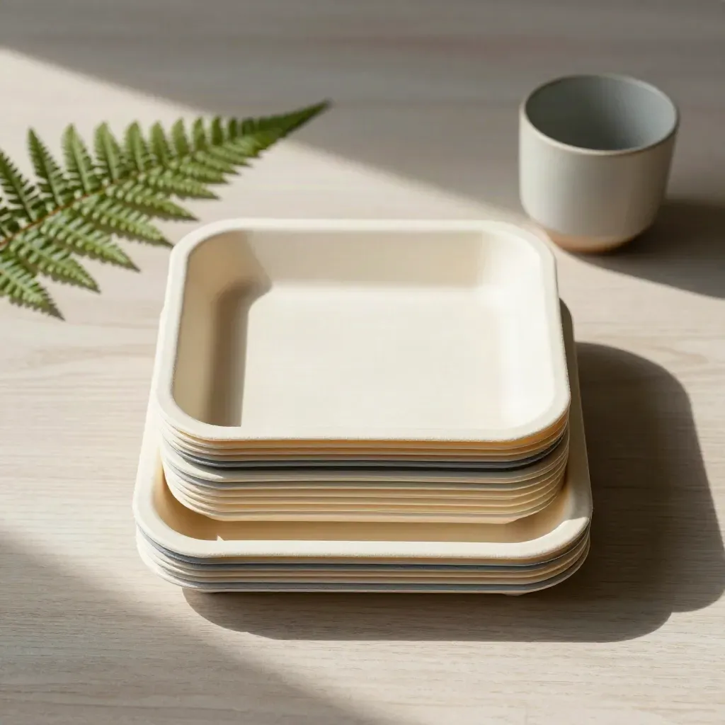 Overhead still life of sorted paper trays, ceramic cup, and fern on pale wood.
