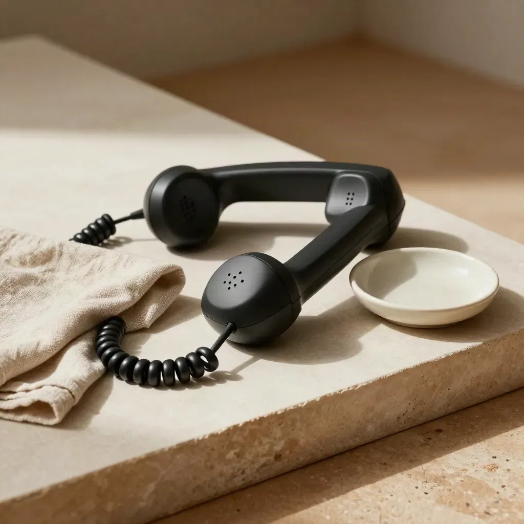 Matte desk phone handset on its base with linen and a ceramic dish on a soft plaster sweep.